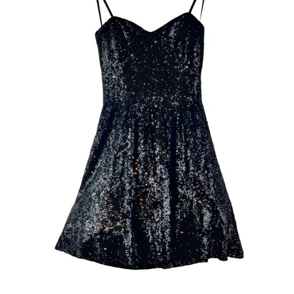 Black Sequin Sparkle Mini Cocktail Dress 7/8 Windsor Skater Spaghetti Straps - Picture 5 of 10